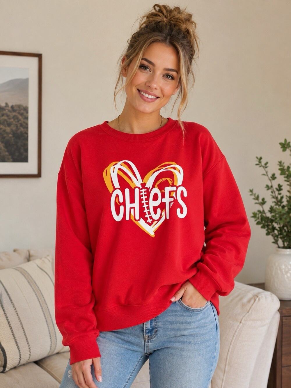Kansas City Chiefs Heart Graphic Crewneck Sweatshirt Women’s Medium Red NFL Fans